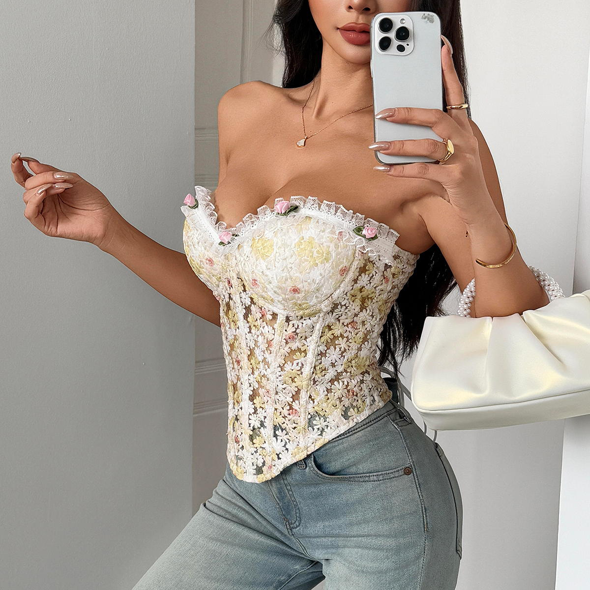 Vintage Floral Lace Corset Top Strapless Embroidery Corset Women Slim Tank Top